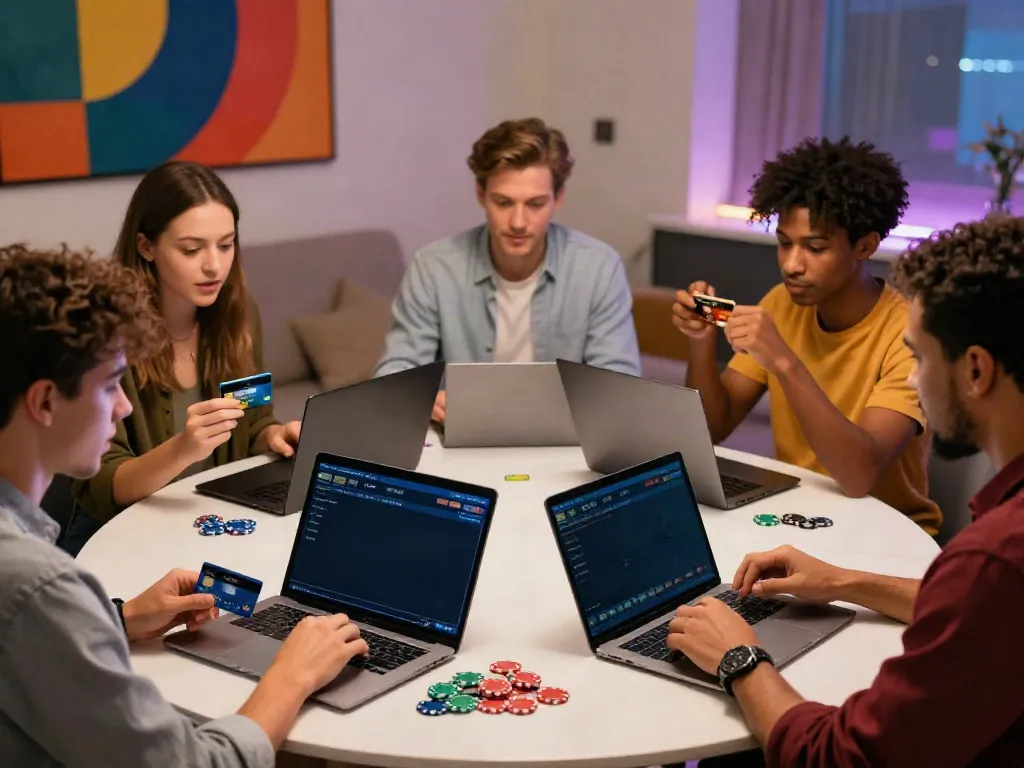 Excited players exploring online casinos that accept credit cards during a lively gathering.