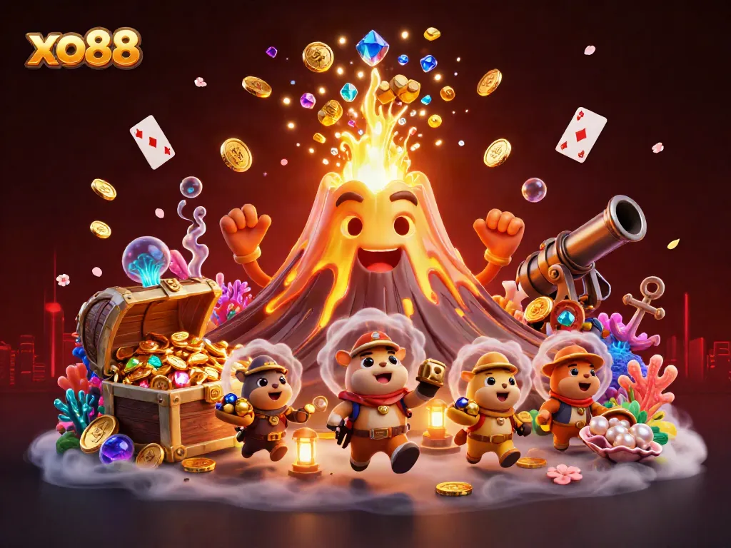 Experience excitement with xo88 as a golden volcano erupts treasures in a vibrant casino adventure.