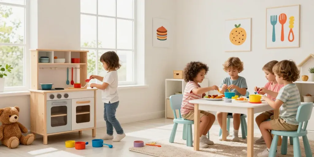 Kids kitchen play set with children having fun cooking and pretending together in a bright playroom.