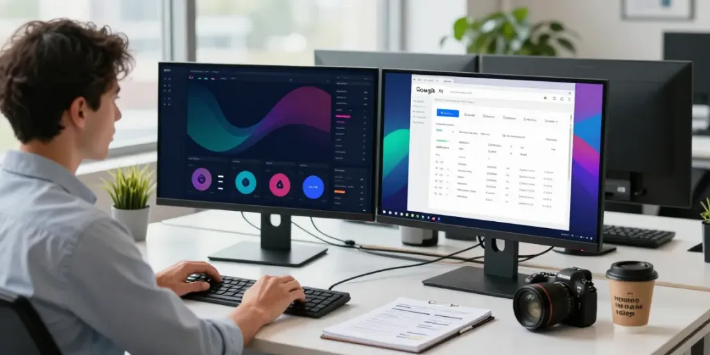 Digital marketing professional utilizing instant indexing tools at a modern workspace desk with performance metrics displayed.