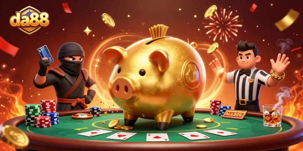 da88's cartoon piggy bank sumo wrestler dominates a vibrant casino battle with poker elements