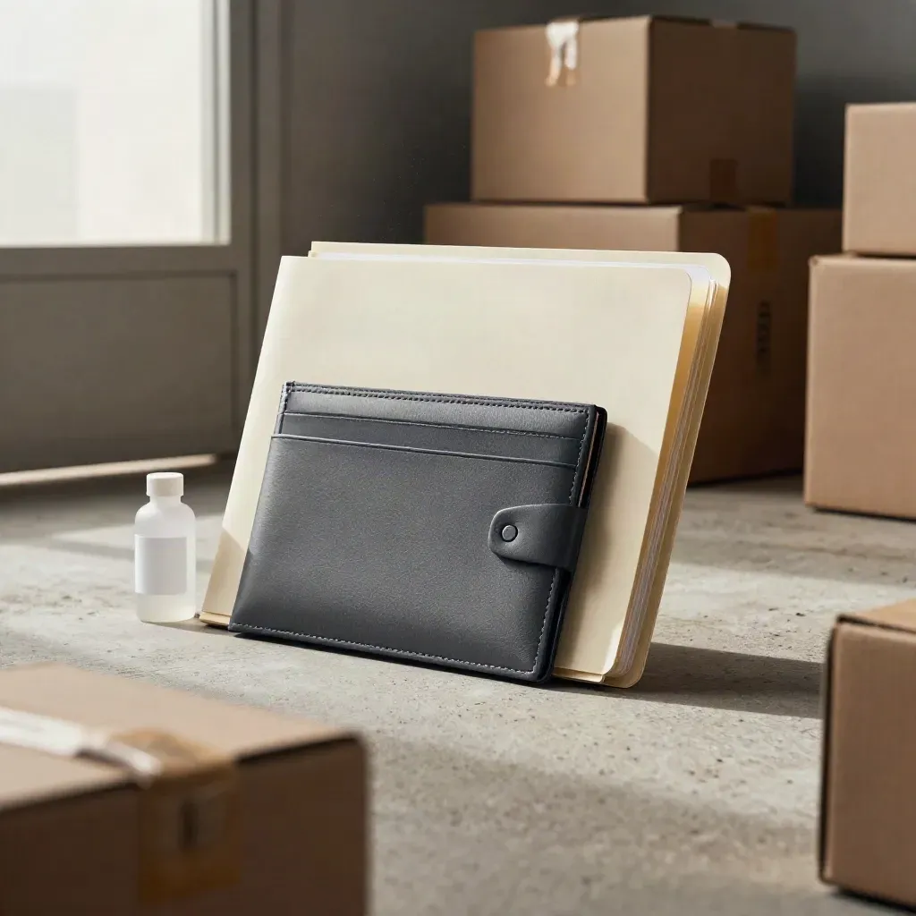Ivory folders, sealed document wallet and sample bottles slide beside export cartons on pale concrete.
