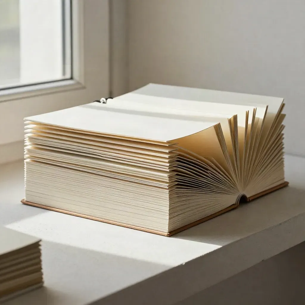Ivory planner folio with stepped inserts and carton corners on pale plaster