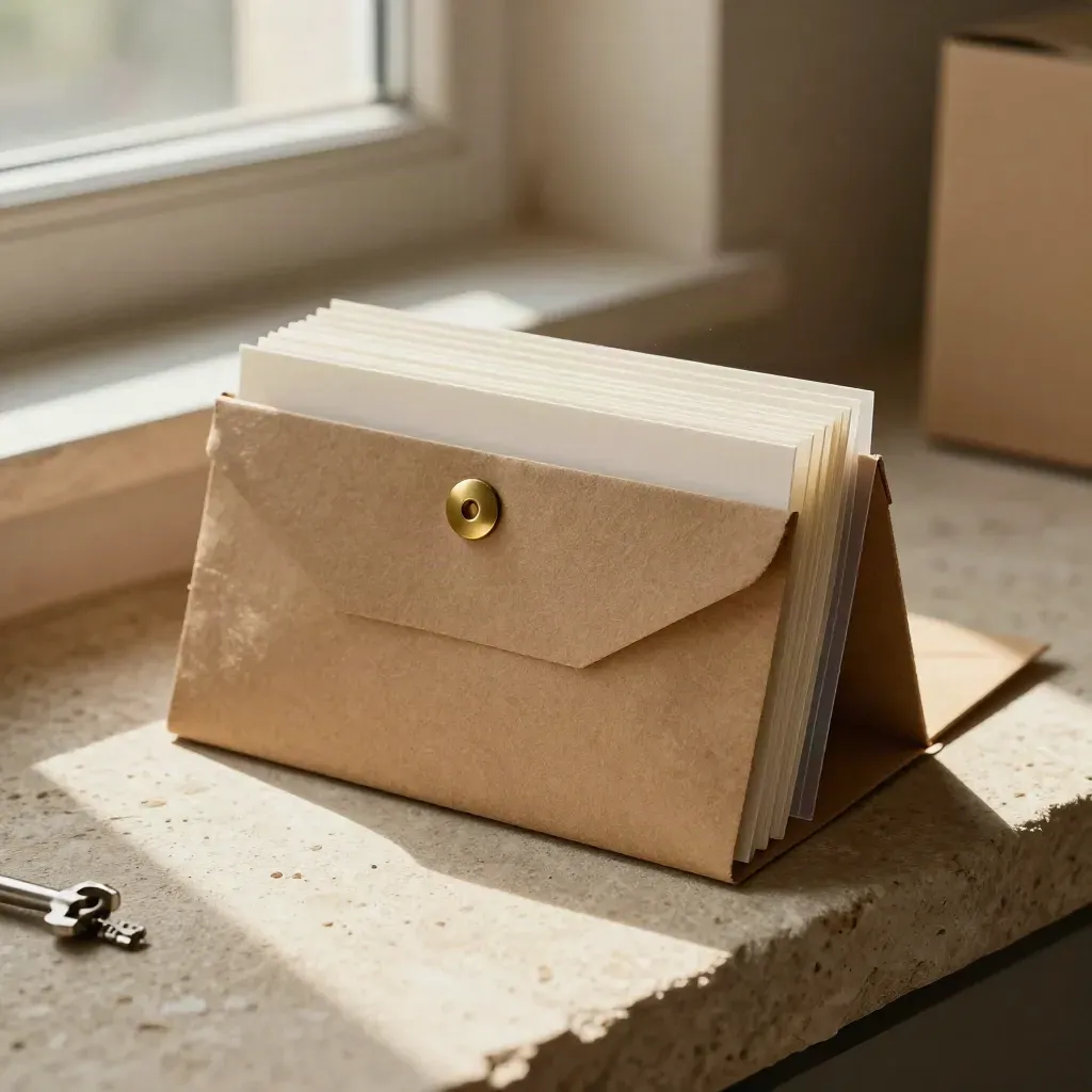 Kraft customs pack with brass fastener and tabbed inserts on warm stone.