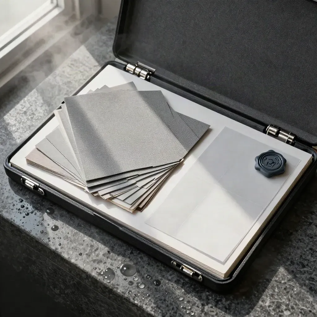 Overhead audit kit on wet basalt with steam, swatches, dossier case and blank seal.