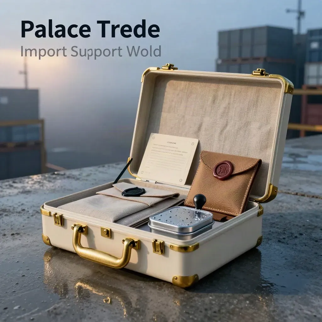 Ivory import case on a misty dock with brass corners, sample pouches and black seal.