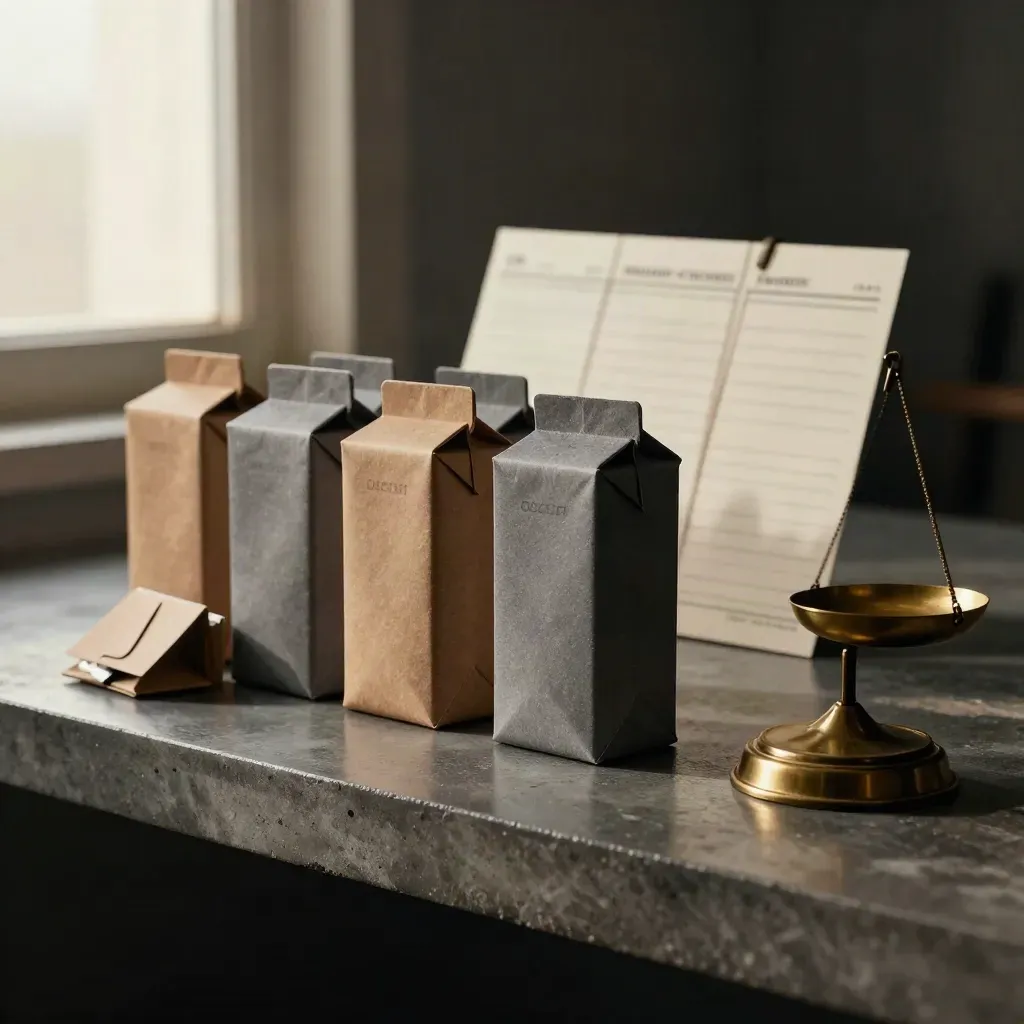 Brass balance with sample cartons and blank ledger cards on a concrete shelf.