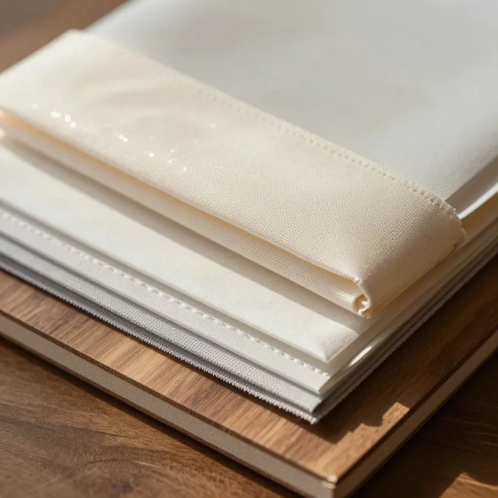Peeling ivory sample pack with textile swatches and foam sleeves on warm walnut board.