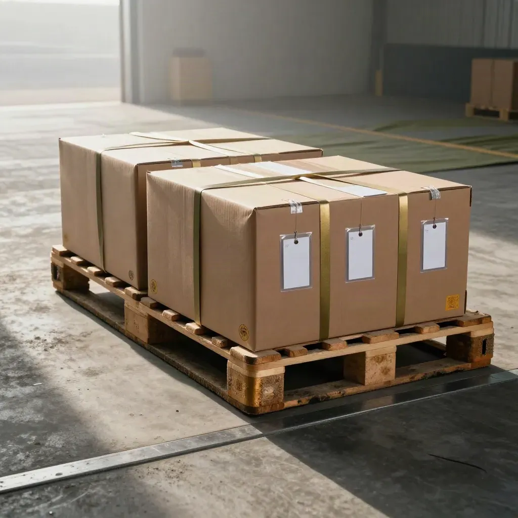 Kraft cartons, corner guards and blank tags staged in a misty warehouse dock