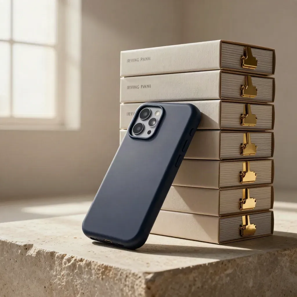 Stacked navy cases and pale cartons with brass clips on a stone loading bay