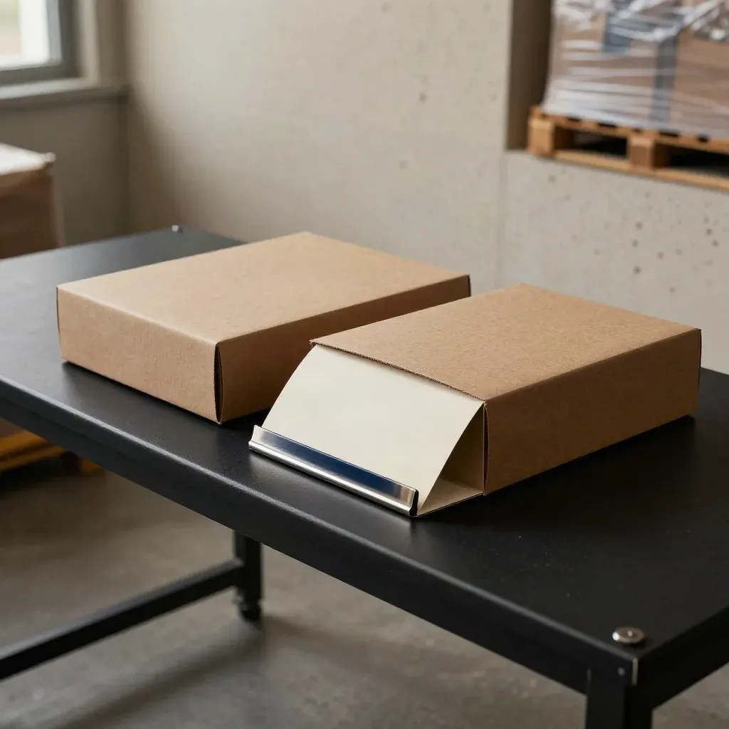 Two separated sample cartons with a blank sleeve and corner clip on a dark packing bench.