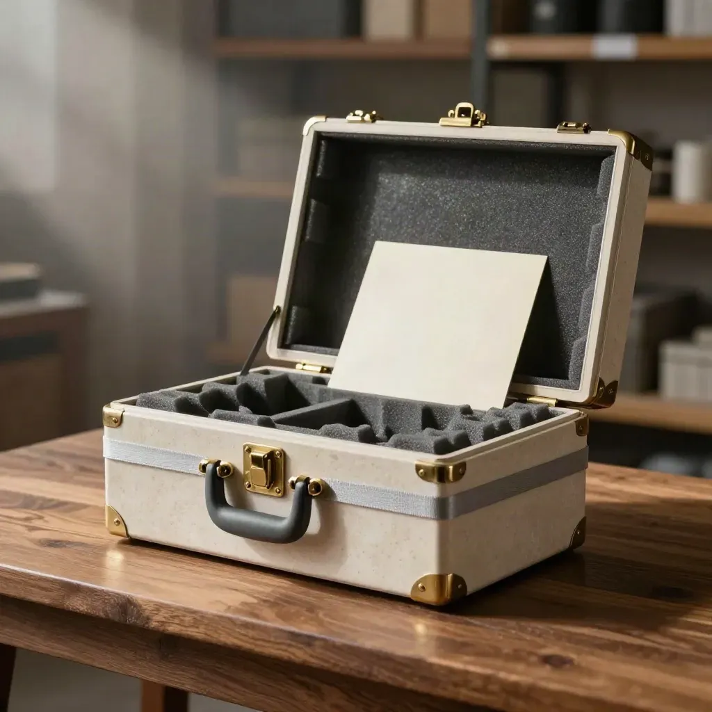 Opened shipment case with foam corners and strap on a warm packing bench, lit from upper left.