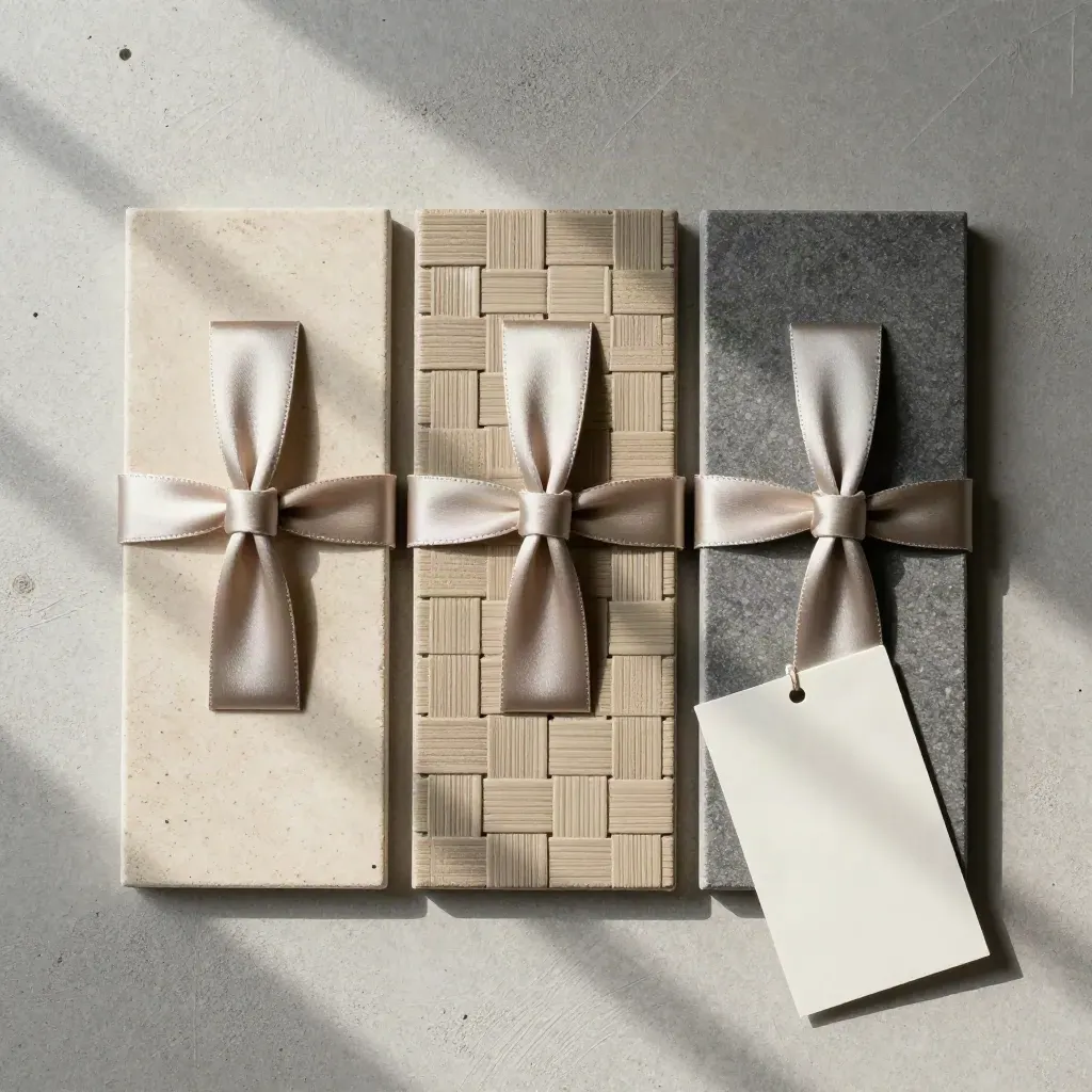 Overhead flatlay of sample tiles, strap loops and a face-down card on pale concrete.