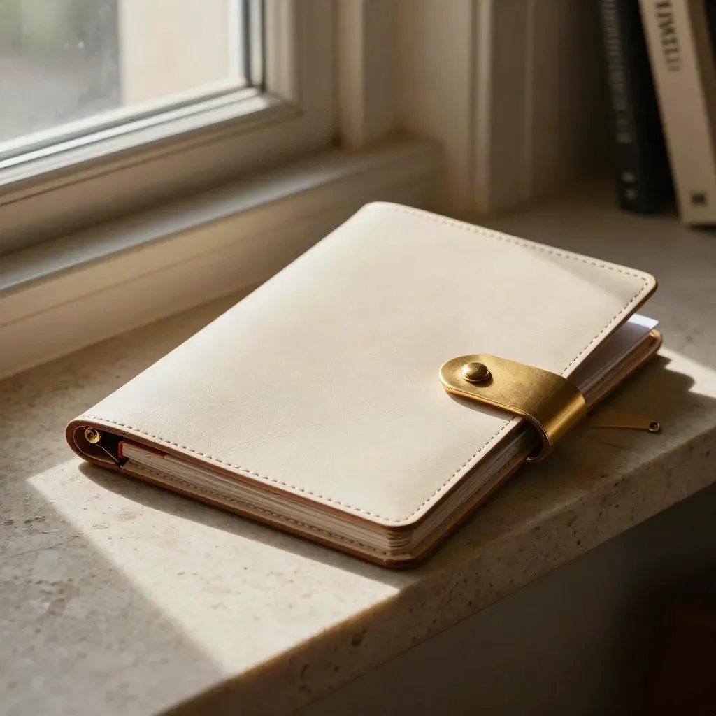 Ivory export folio with brass clasp on limestone, softly blurred archive setting