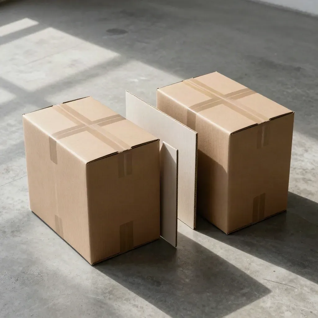 Diverging carton clusters with divider board and straps on concrete, overhead flatlay