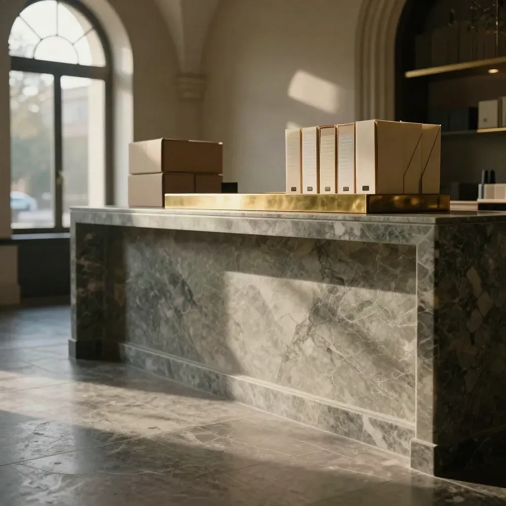 Marble customs foyer with blank cartons above a calm open floor and soft rain-lit windows.