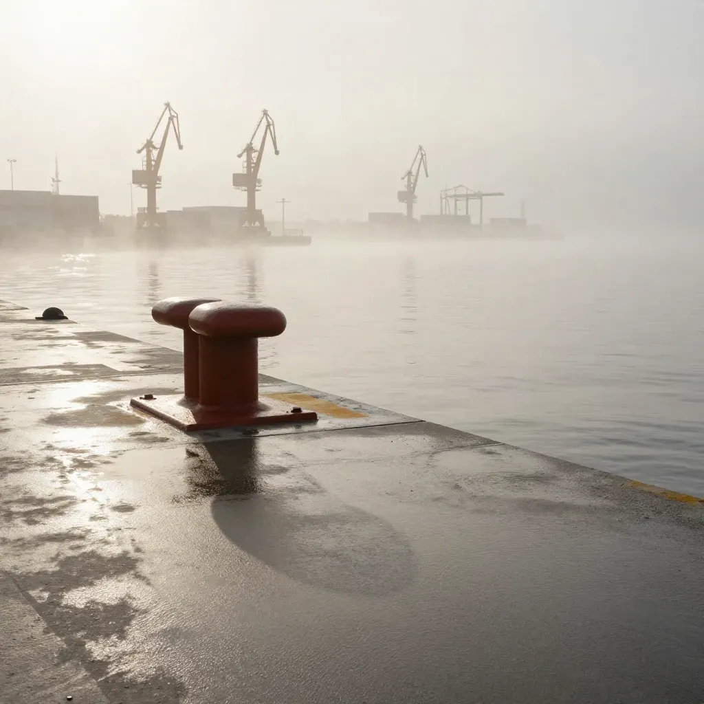 Misty harbour quay with bollards, wet concrete and softened cranes above calm open space.