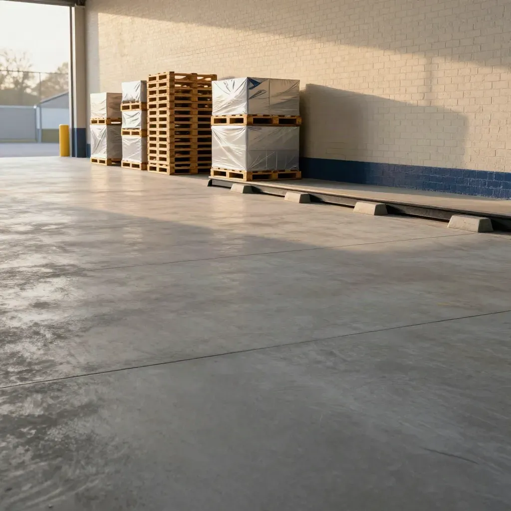 Low-angle warehouse corridor with pallets, pale brick, and golden light over empty concrete.