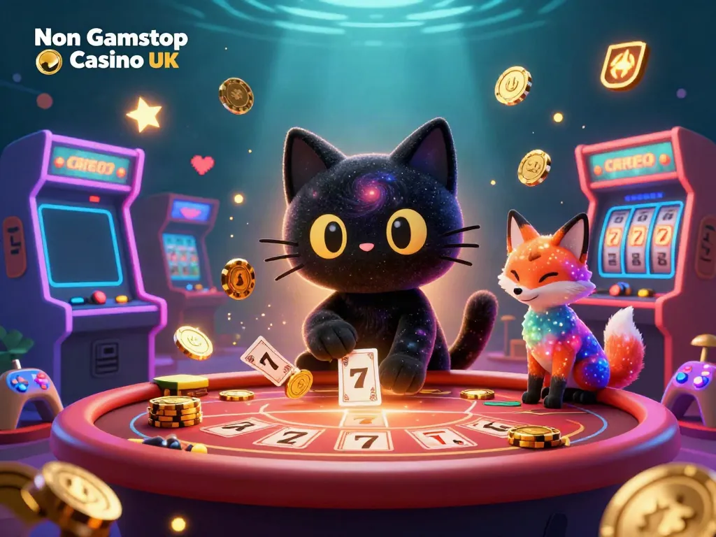 Engage with Non Gamstop Casino UK showcasing a cosmic table scene with a black hole cat collecting chips.