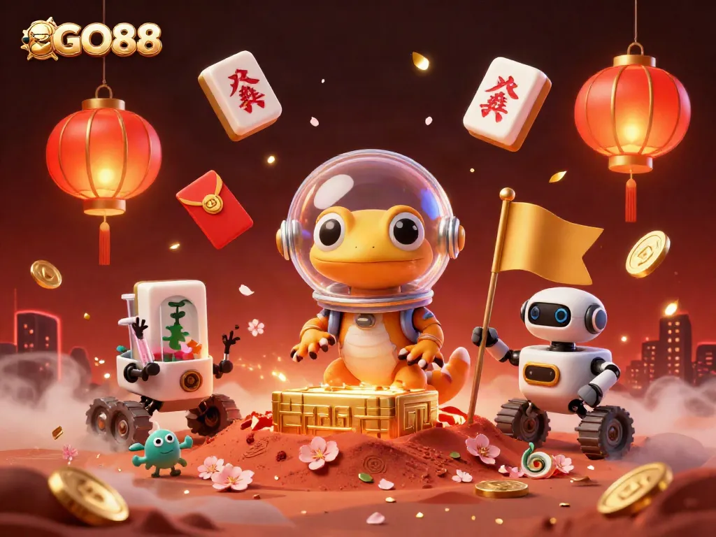 GO88 showcases a Martian gecko discovering a golden casino amidst vibrant Chinese elements.