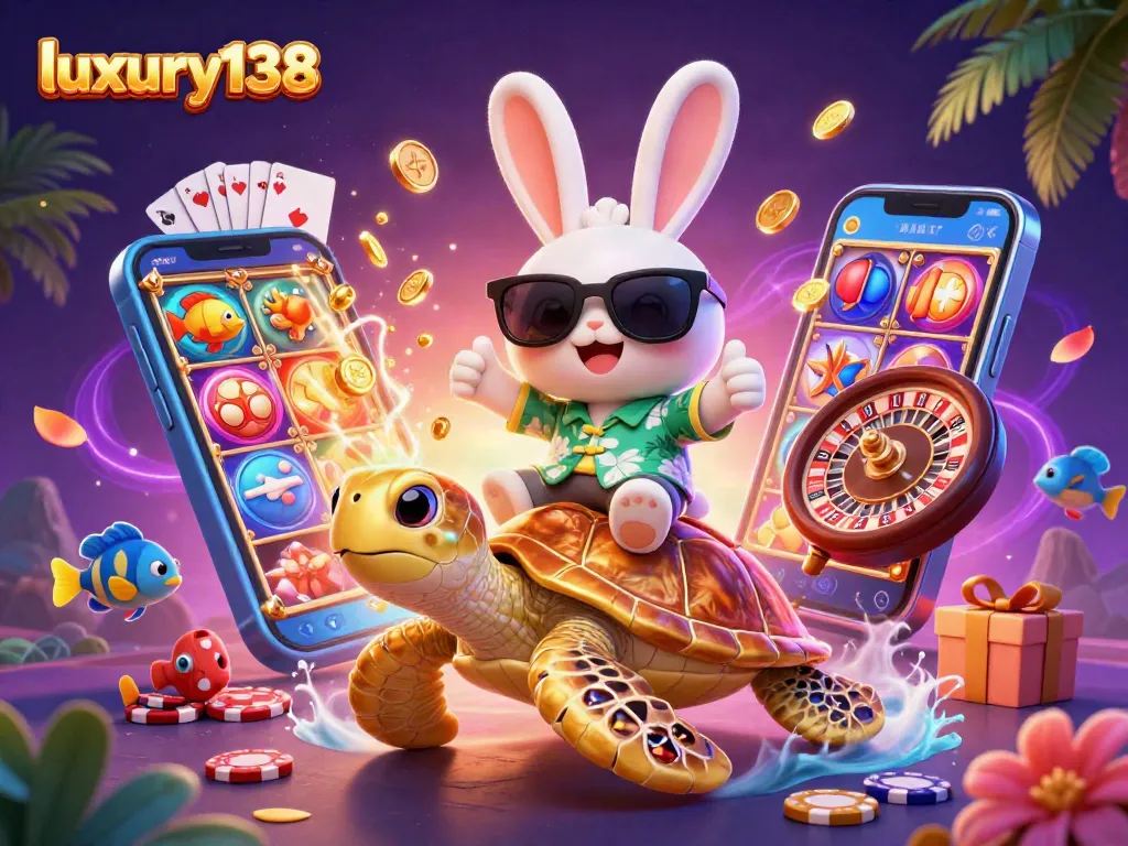 Experience the vibrant world of luxury138 with an adorable lucky rabbit in an exciting casino scene.