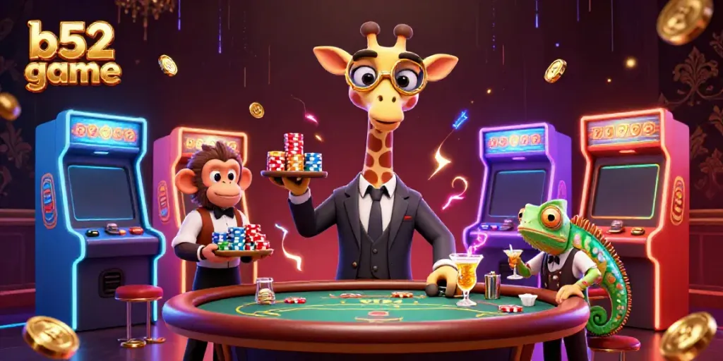 Experience thrilling action at the b52 game with a high-roller giraffe at a VIP poker table.
