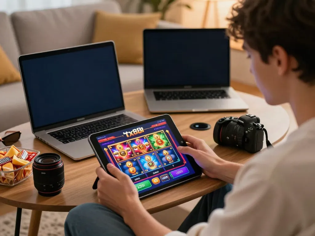 Player enjoying a tx88 gaming experience on a tablet in a cozy home environment.