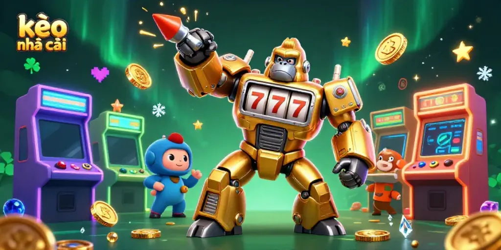 Engage with kèo nhà cái through an exciting 3D illustration featuring a golden gorilla mech surrounded by vibrant gaming elements.