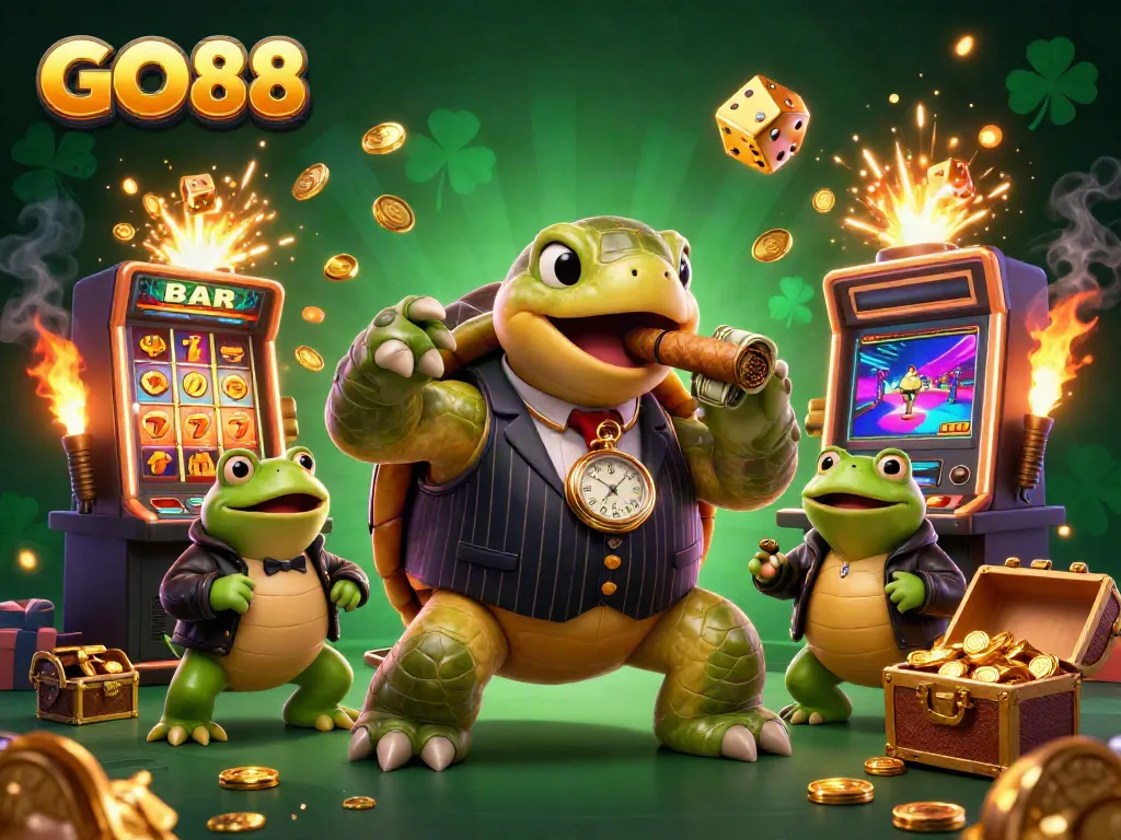 Experience the jackpot excitement at GO88 with a turtle in a pinstripe suit surrounded by casino elements.