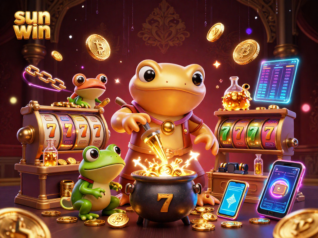 Experience the thrill of sun win slots as golden coins overflow in this vibrant 3D illustration.