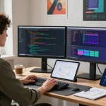 Developer coding with AI assistant features in a vibrant workspace