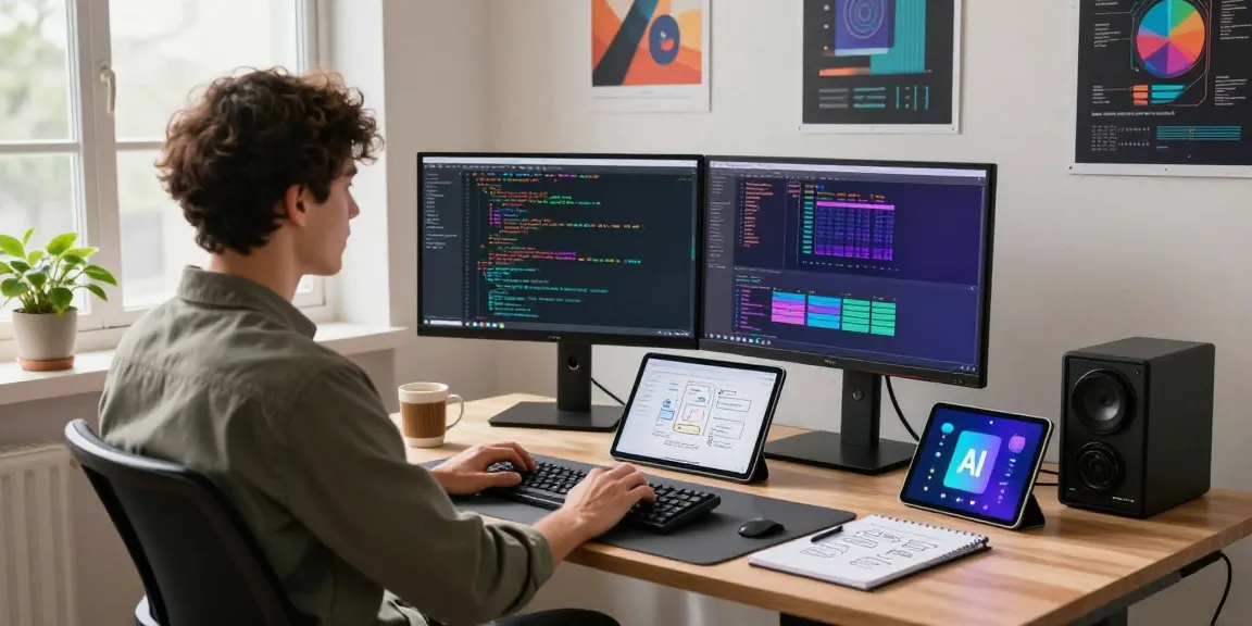 Developer coding with AI assistant features in a vibrant workspace