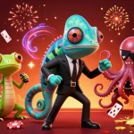 Experience the vibrant, colorful realm of casino gaming with S8, featuring animated characters amidst dynamic slot reels and chips.
