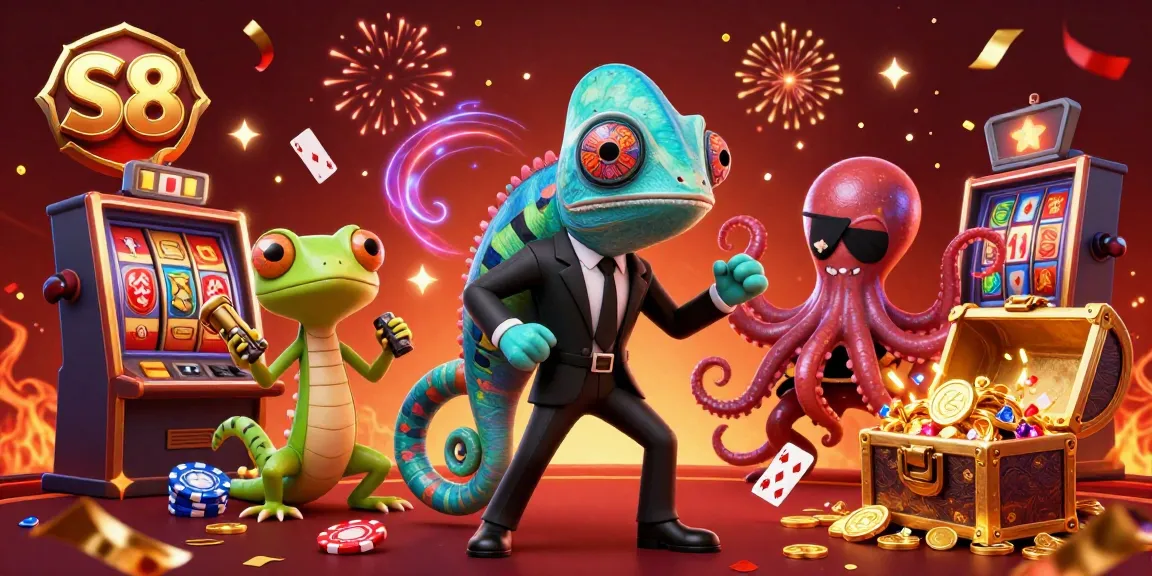 Experience the vibrant, colorful realm of casino gaming with S8, featuring animated characters amidst dynamic slot reels and chips.