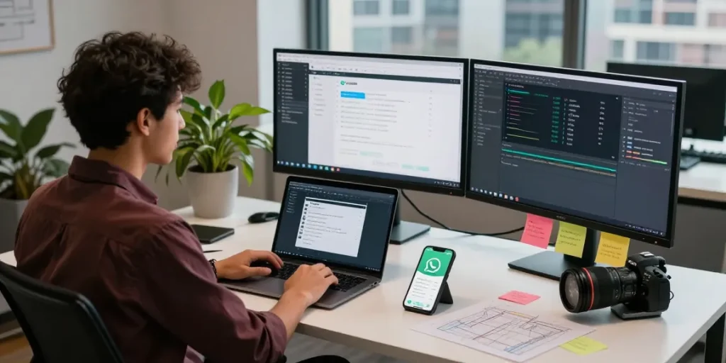 Developing WhatsApp下載 features in a modern tech workspace with dual monitors and coding setup.