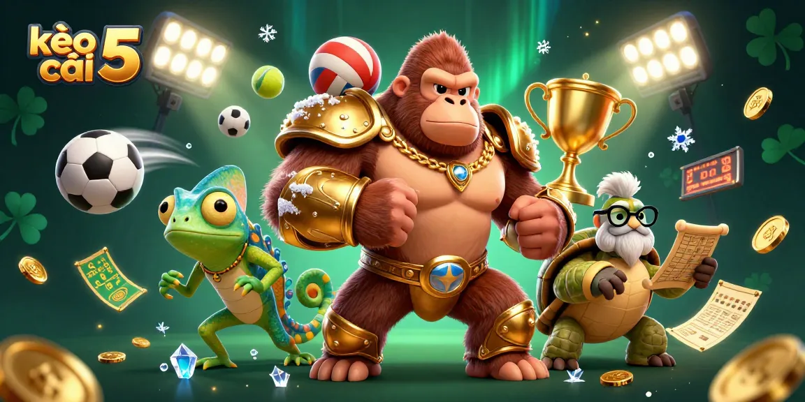 Engage with kèo nhà cái 5 in an ultra-detailed 3D cartoon scene of powerful characters and vibrant sports betting elements.