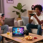 Happy players enjoying free mobile hentai games in a lively living room.