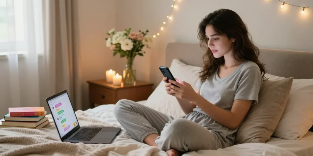 Engaging in AI sexting with a virtual partner in an intimate bedroom setting