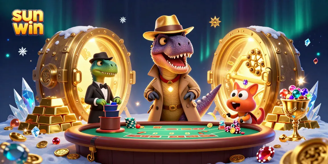 Engage in thrilling gameplay at sun win with a velociraptor card counter and stegosaurus pit boss in a vibrant casino scene.