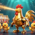 Experience the excitement of Go88 with golden rooster robot and slot games in vibrant 3D illustration.