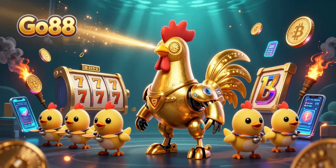 Experience the excitement of Go88 with golden rooster robot and slot games in vibrant 3D illustration.