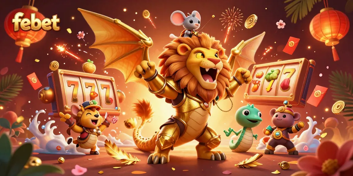 Join the excitement with febet's golden chimera in this vibrant casino scene filled with jackpots.