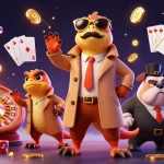 Dhani win showcases raptors in a trench coat entering a VIP casino lounge in a vibrant scene.