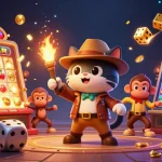 Experience the thrill of m98 with a cartoon cat archaeologist discovering casino treasures amidst vibrant slot game elements.