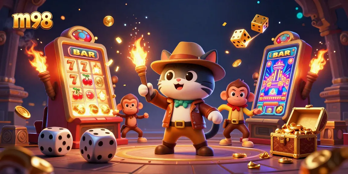 Experience the thrill of m98 with a cartoon cat archaeologist discovering casino treasures amidst vibrant slot game elements.