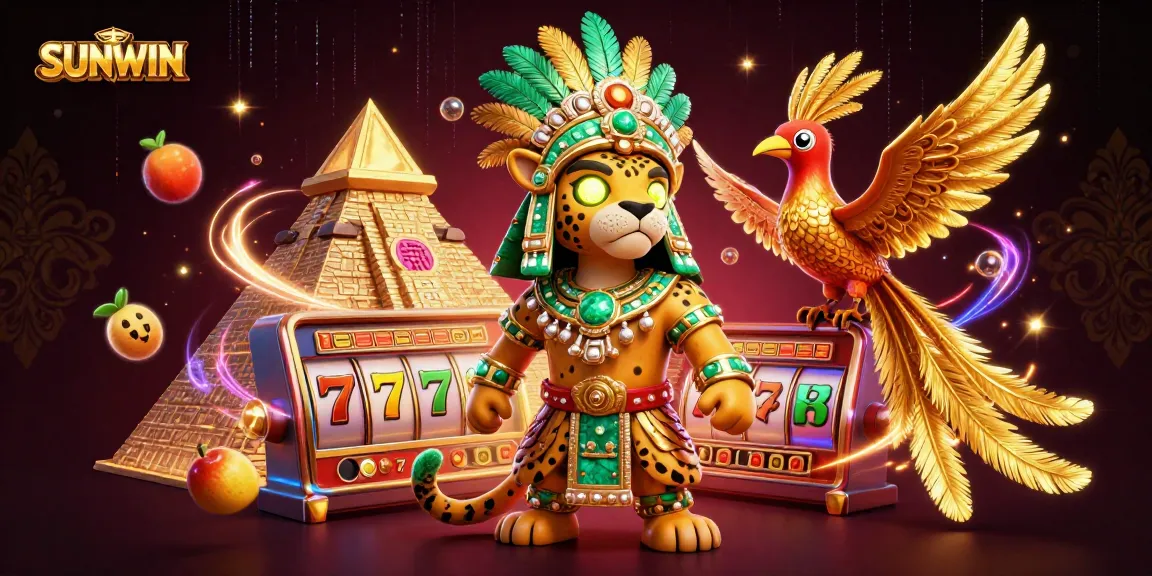 SUNWIN showcases a vibrant 3D Mayan-themed gambling scene filled with jackpot slots, vibrant symbols, and dynamic motion.