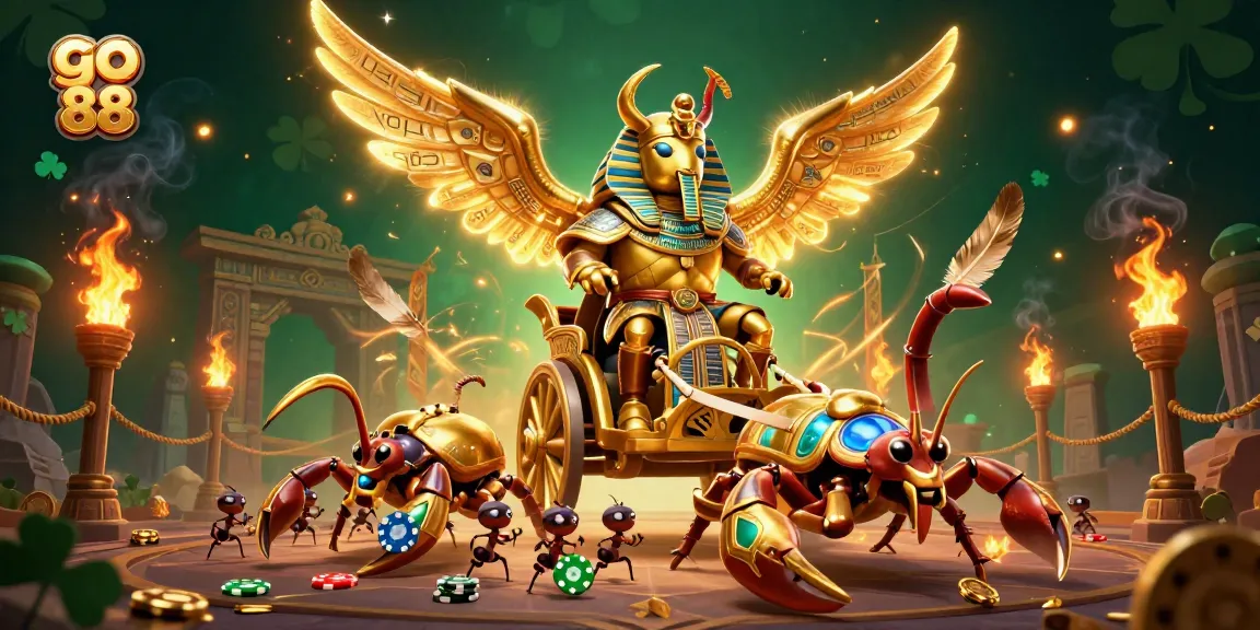 Experience thrilling gameplay at go 88 with a grand scene featuring a colossal golden scarab beetle and poker chips.