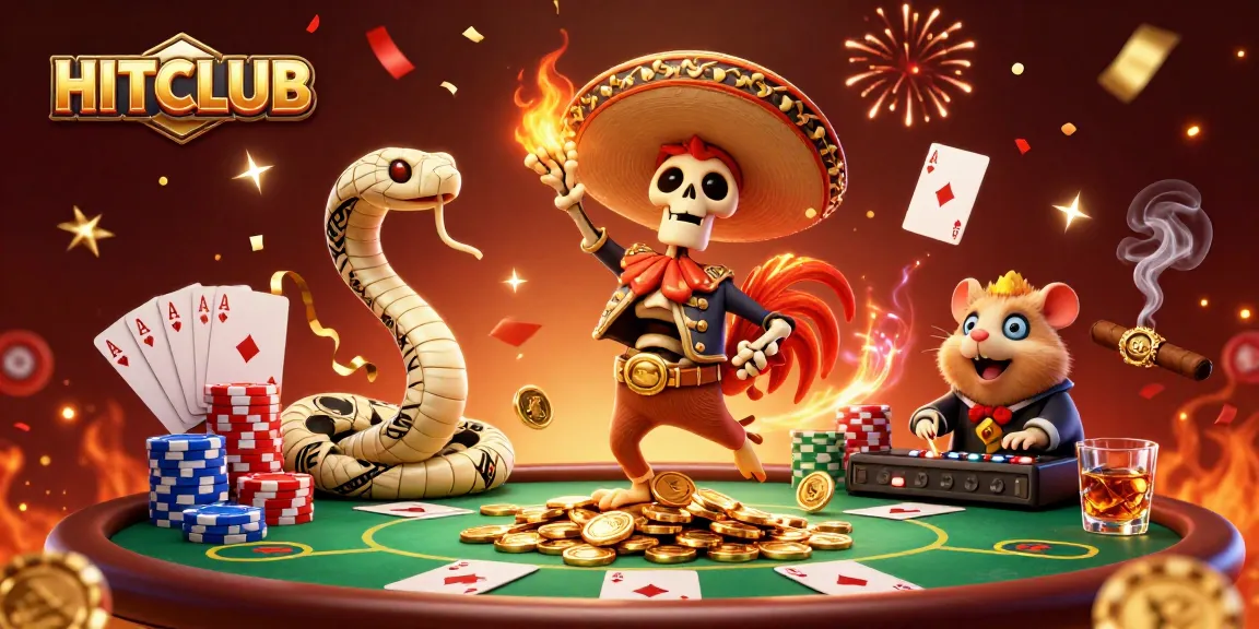 Engage in exciting gaming at HITCLUB with a vibrant scene of dynamic characters celebrating on a poker table.