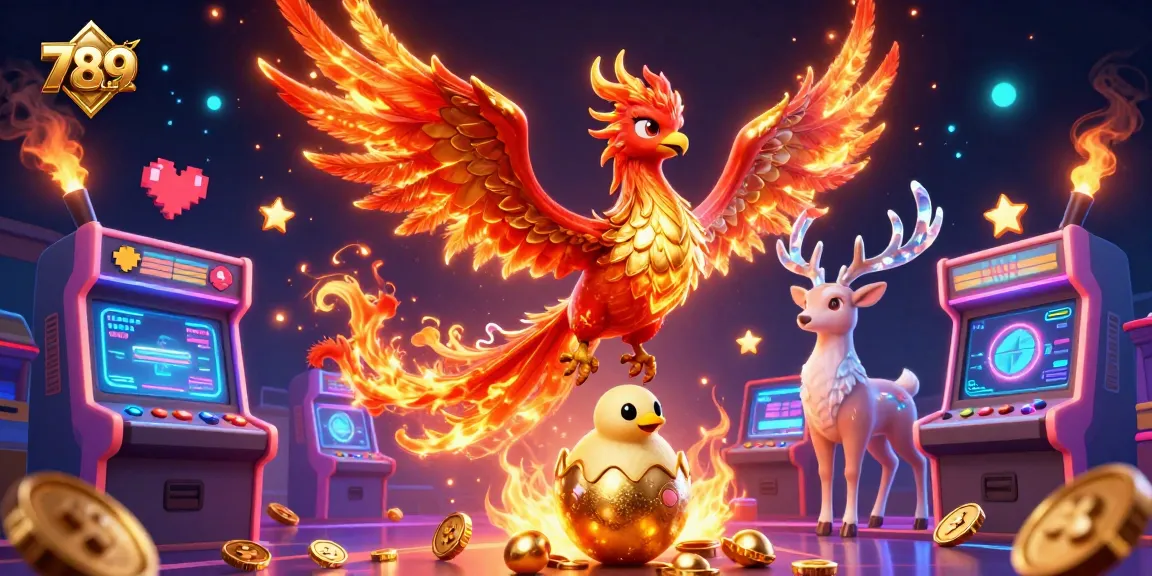 Play exciting games at 789CLUB with a vibrant phoenix hatching amidst dynamic casino elements.